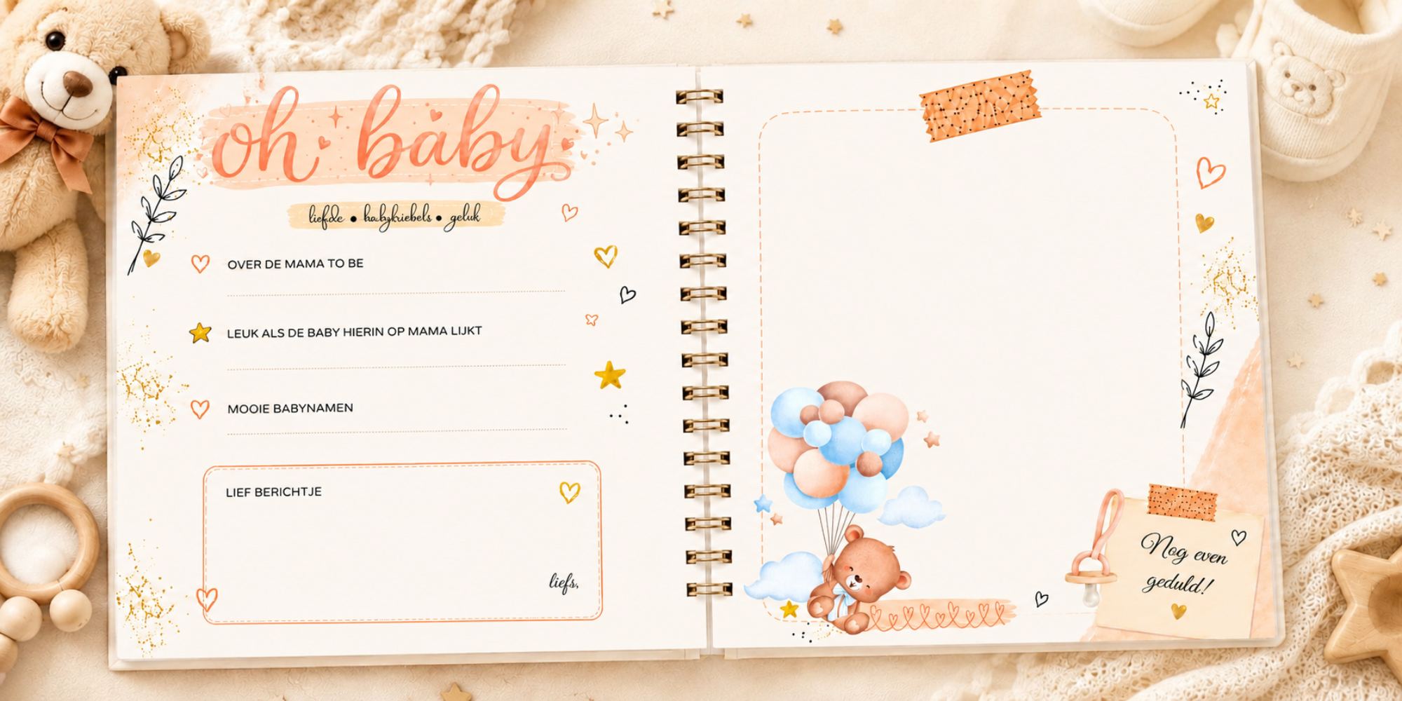 Voorbeeld van een baby shower invulboek met ruimte voor herinneringen en foto's