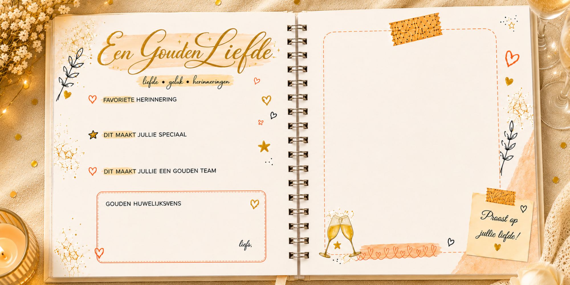 Voorbeeld van een invul-gastenboek voor een gouden huwelijk met ruimte voor herinneringen en foto's