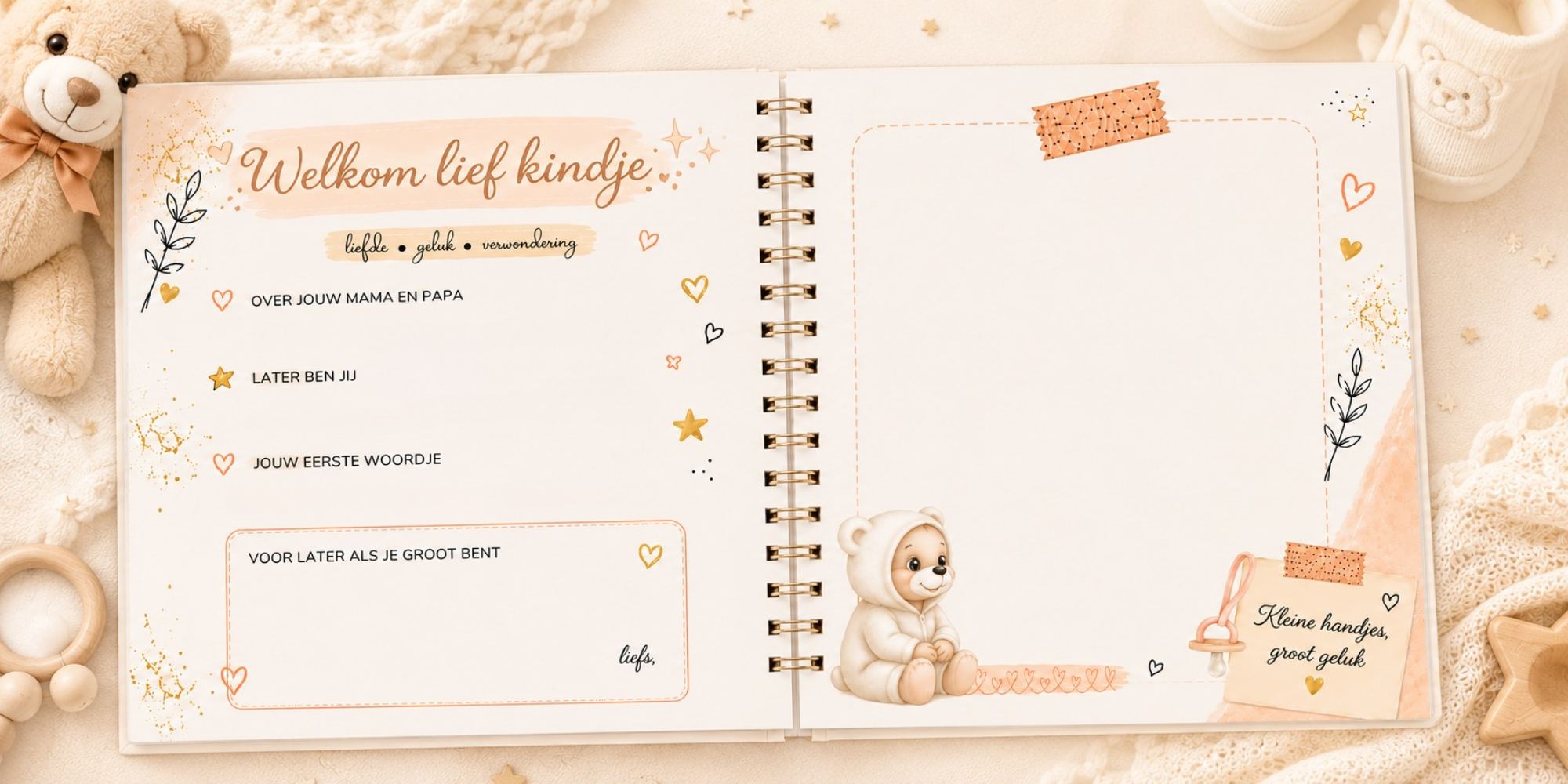 Voorbeeld van een kraambezoekboek met invulpagina's en ruimte voor foto's van kraamvisite