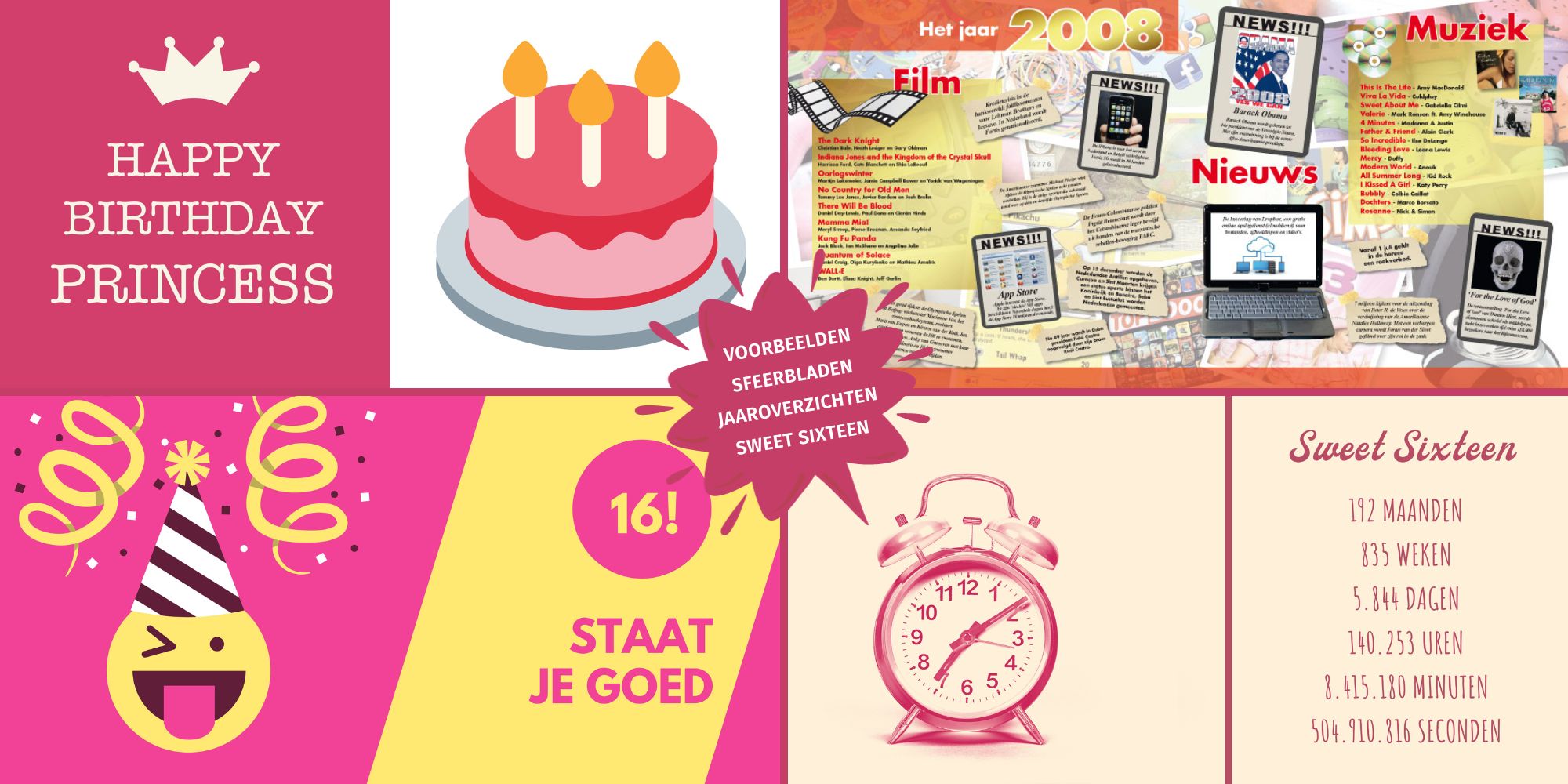 Cadeau 16 jaar Sweet Sixteen voorbeelden sfeerbladen jaaroverzichten vriendenboek vriendenboekje