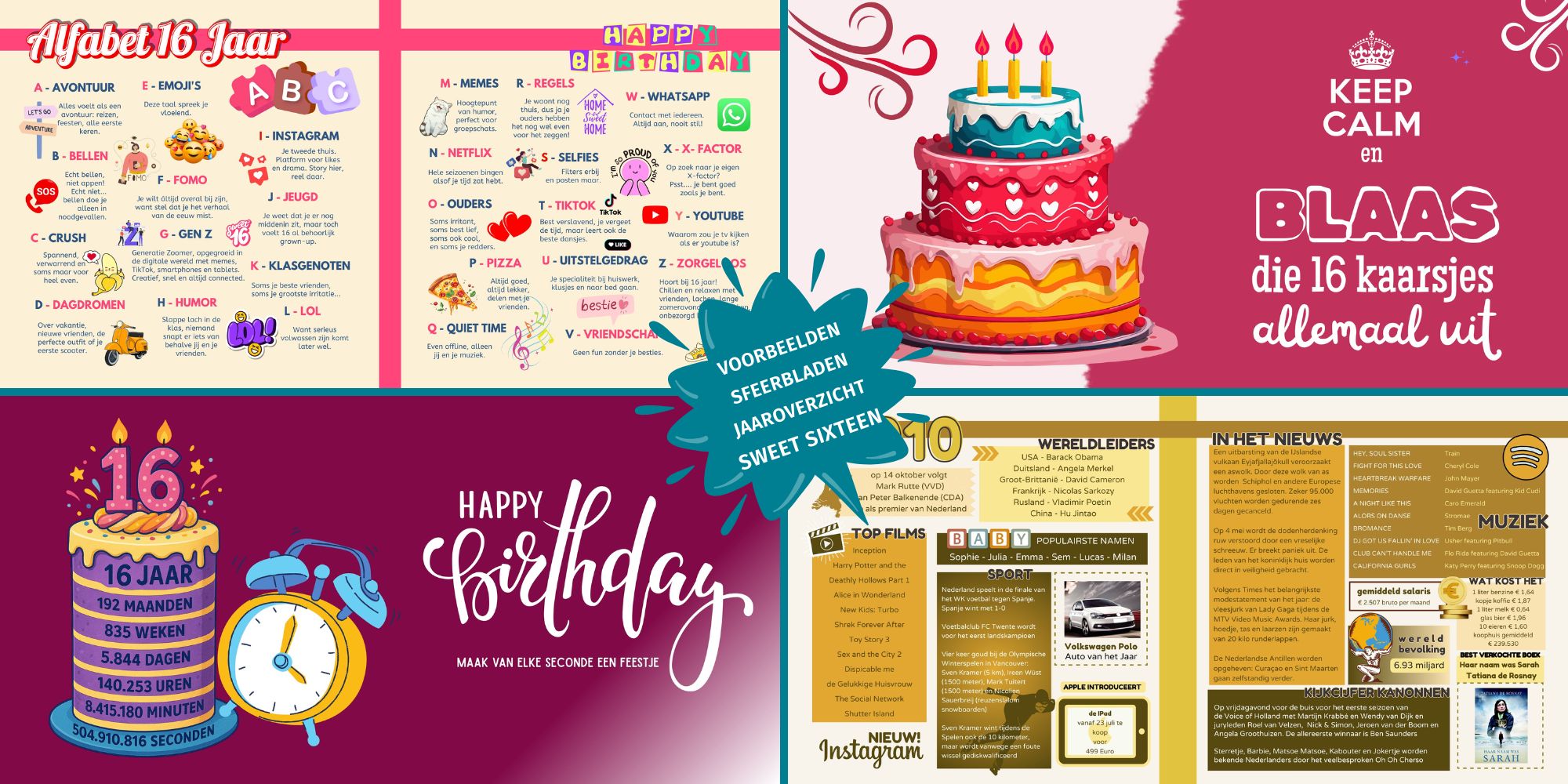 Sfeerbladen en jaaroverzichten in een vriendenboek voor een Sweet Sixteen verjaardag