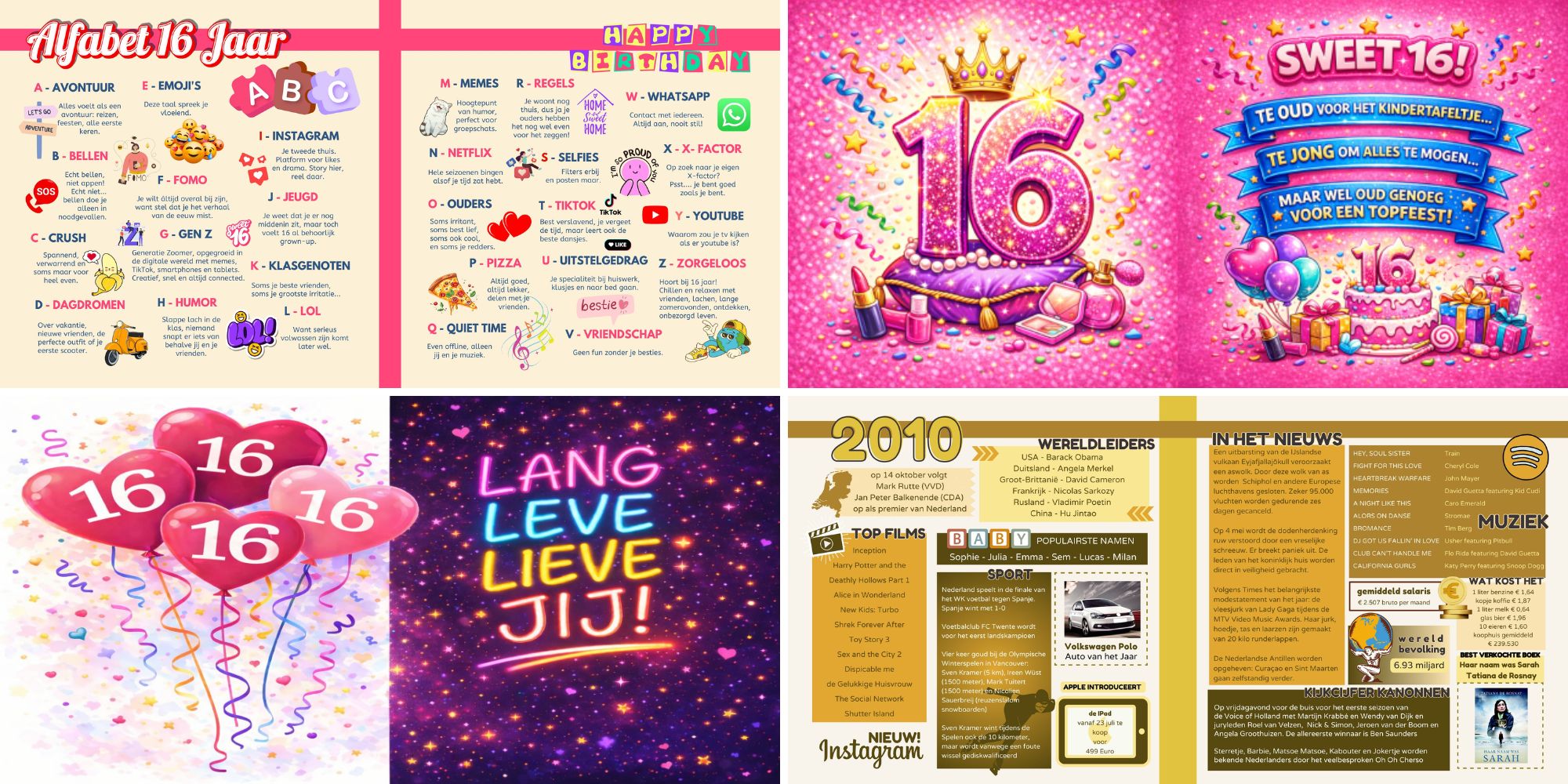 Sfeerbladen en jaaroverzichten in een vriendenboek voor een Sweet Sixteen verjaardag