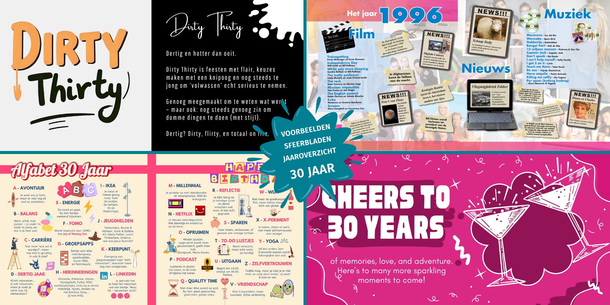 Sfeerbladen en jaaroverzichten in een vriendenboek voor een 30e verjaardag