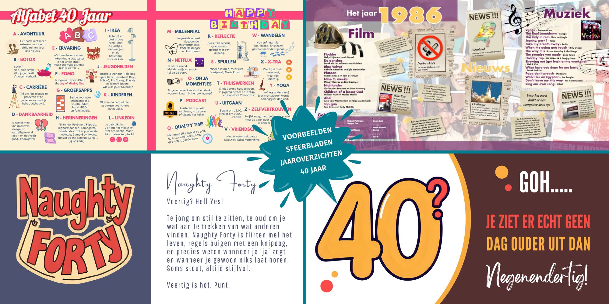 Sfeerbladen en jaaroverzicht 40 jaar in een vriendenboek voor een 40e verjaardag