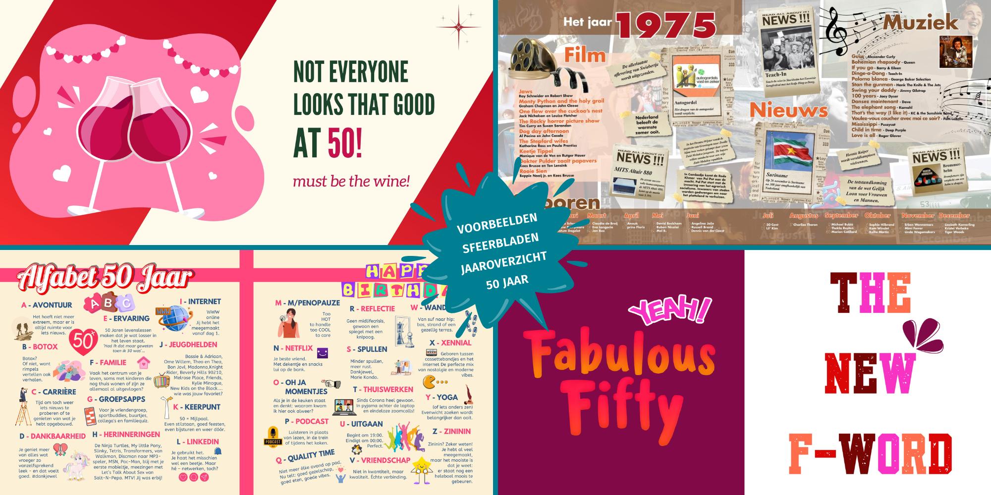 Sfeerbladen en jaaroverzicht 50 jaar in een vriendenboek voor een Sara of Abraham verjaardag