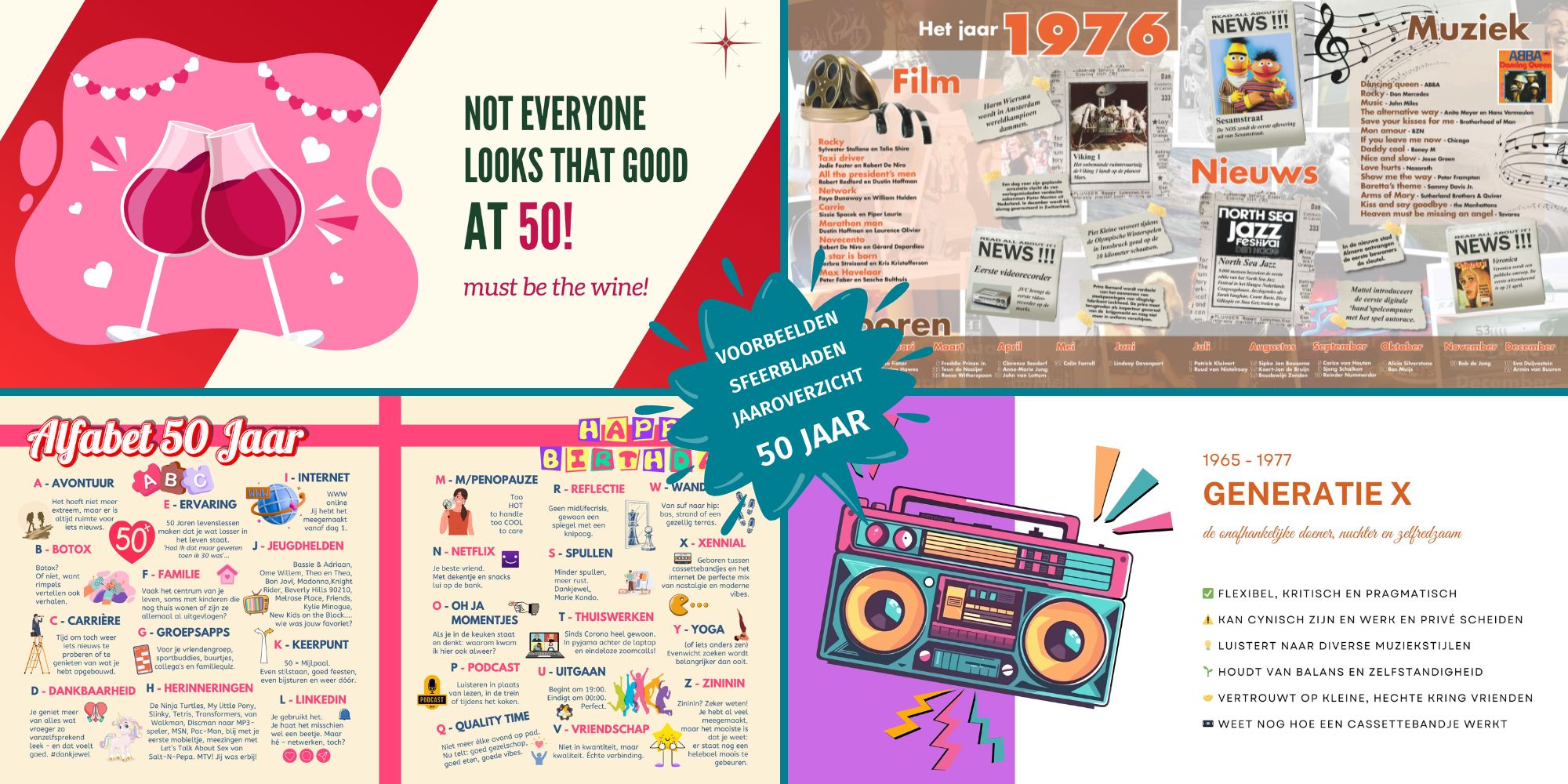 Sfeerbladen en jaaroverzicht 50 jaar in een vriendenboek voor een Sara of Abraham verjaardag