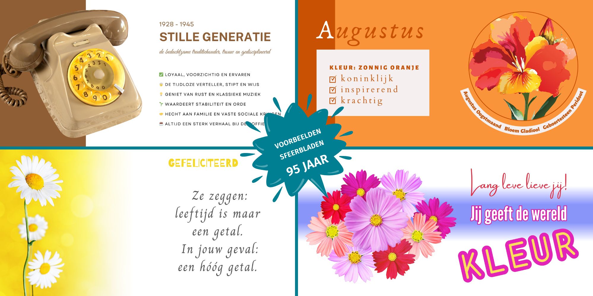 Voorbeelden van sfeerbladen in een vriendenboek voor een 95e verjaardag