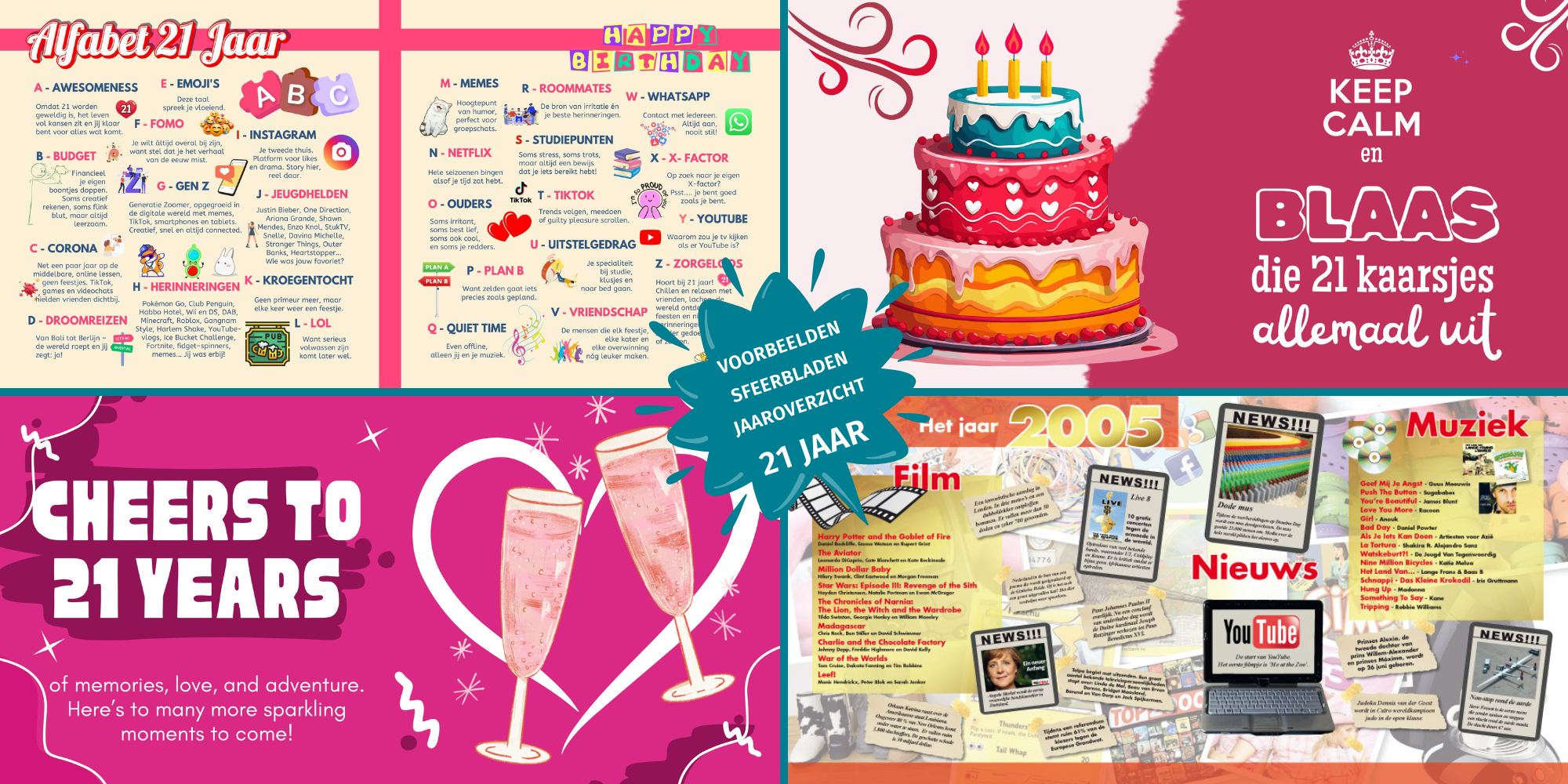 Sfeerbladen en jaaroverzichten in een vriendenboek voor een 21e verjaardag