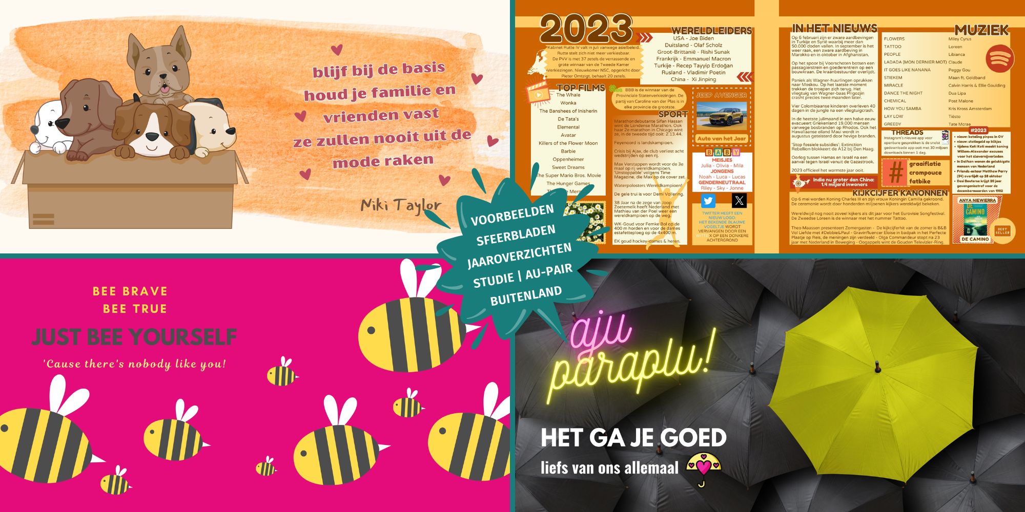 Voorbeelden sfeerbladen jaaroverzichten vriendenboek vriendenboekje cadeau studie buitenland au pair