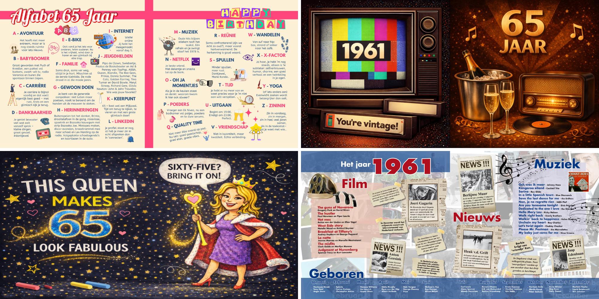 Sfeerbladen en jaaroverzichten in een vriendenboek voor een 65e verjaardag