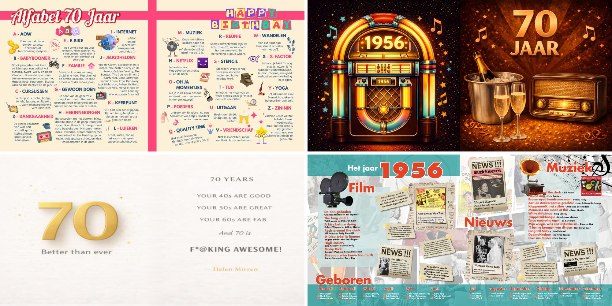 Sfeerbladen en jaaroverzichten in een vriendenboek voor een 70e verjaardag