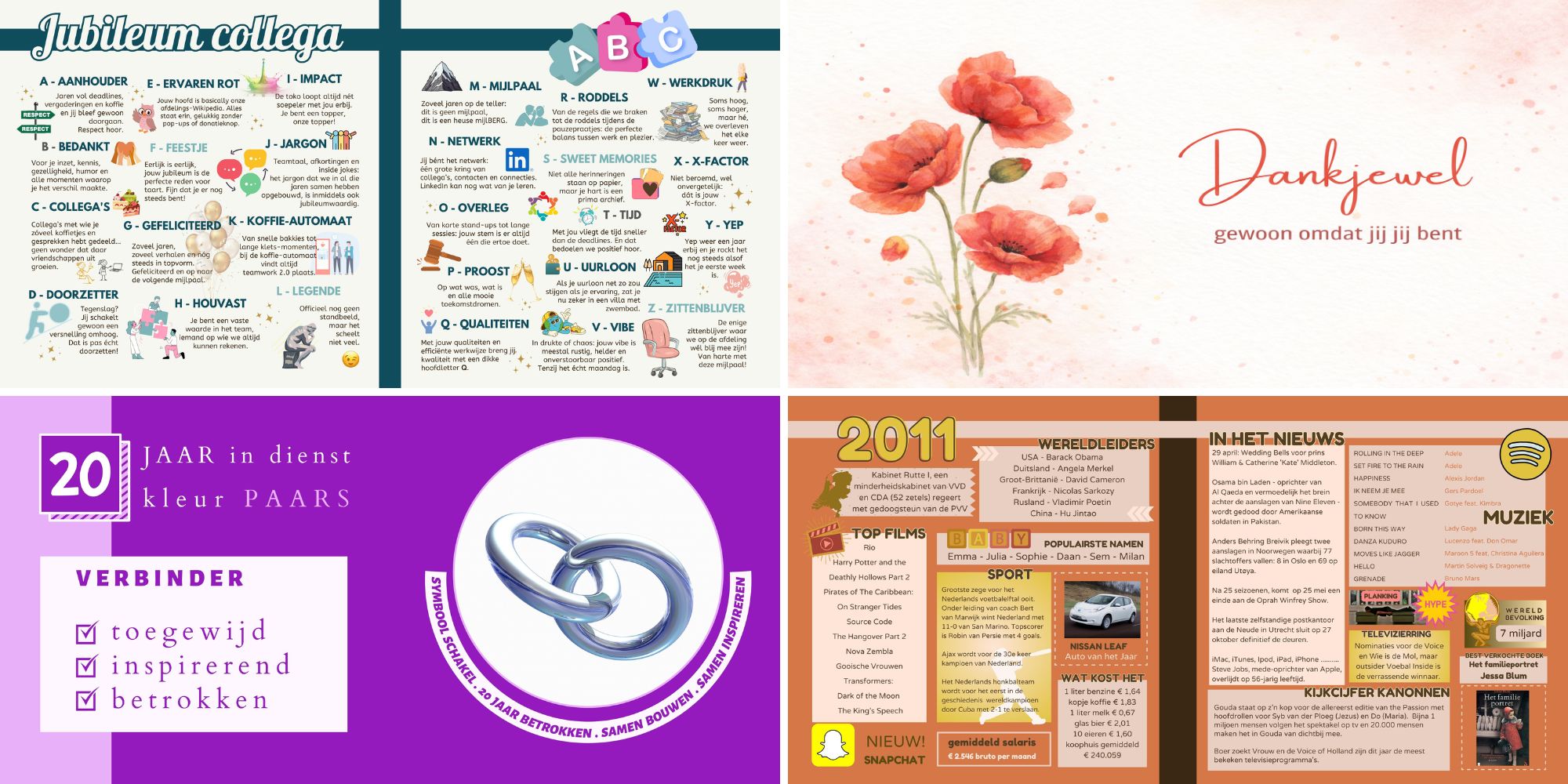 Voorbeelden sfeerbladen en jaaroverzicht jubileum collega