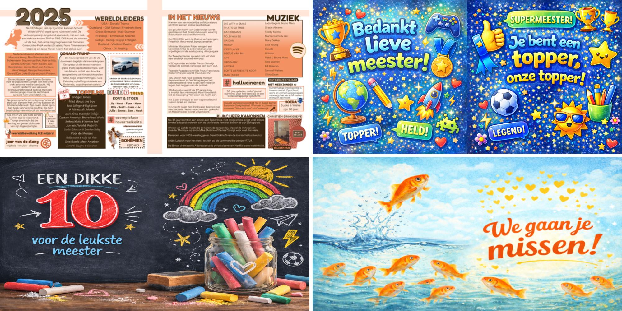 Sfeerbladen en jaaroverzicht vriendenboek meester cadeau einde schooljaar afscheid meester