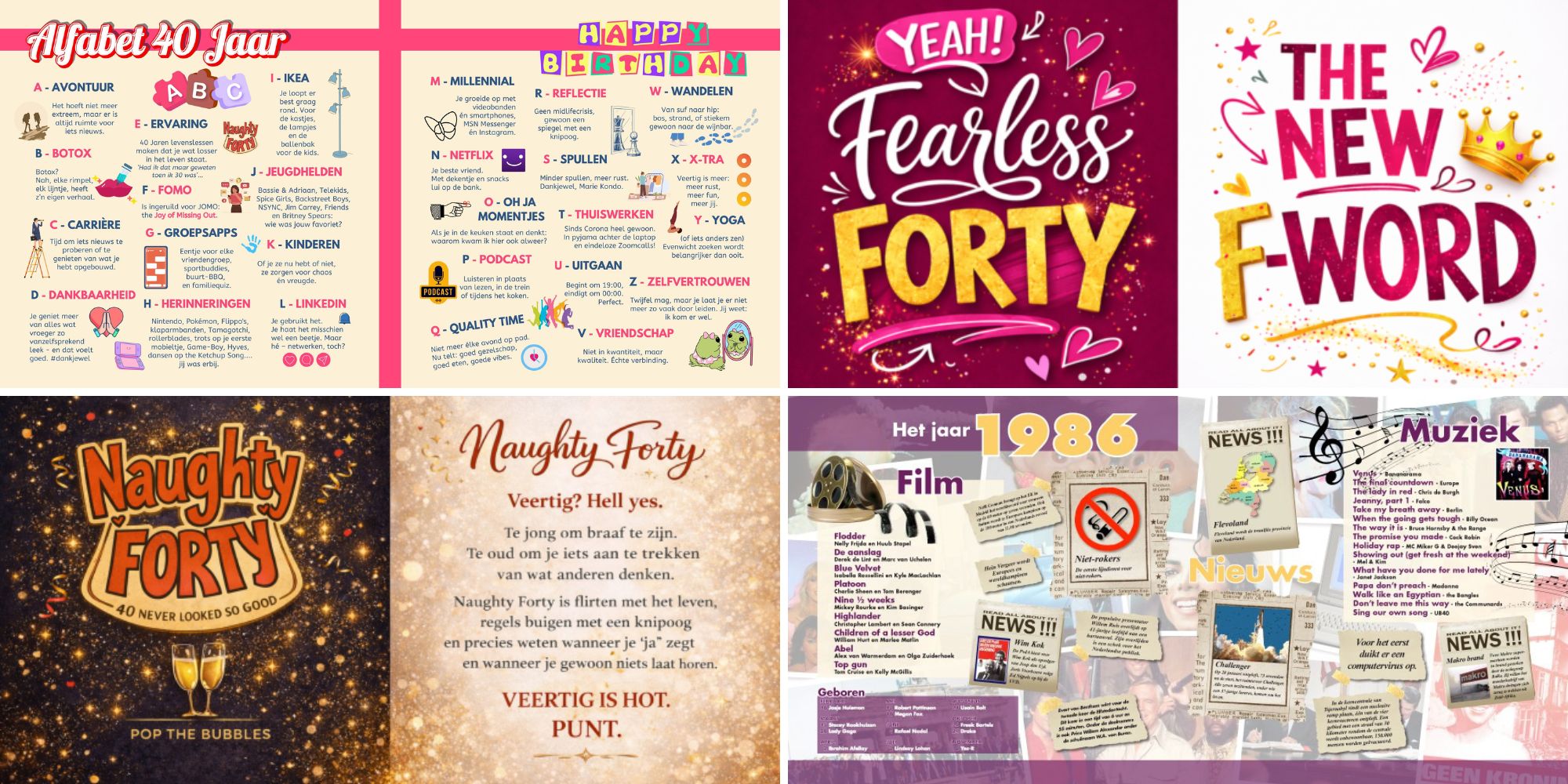 Sfeerbladen en jaaroverzicht 40 jaar in een vriendenboek voor een 40e verjaardag