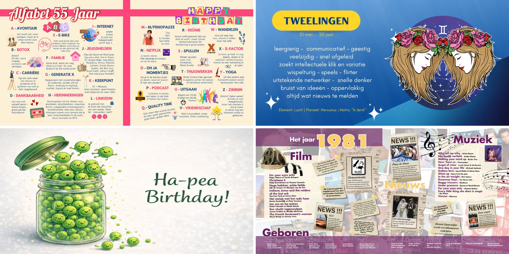 Sfeerbladen en jaaroverzicht 55 jaar in een vriendenboek voor een 55e verjaardag