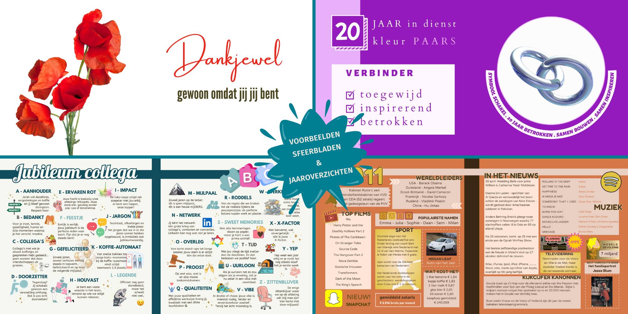 Voorbeelden sfeerbladen en jaaroverzicht jubileum collega