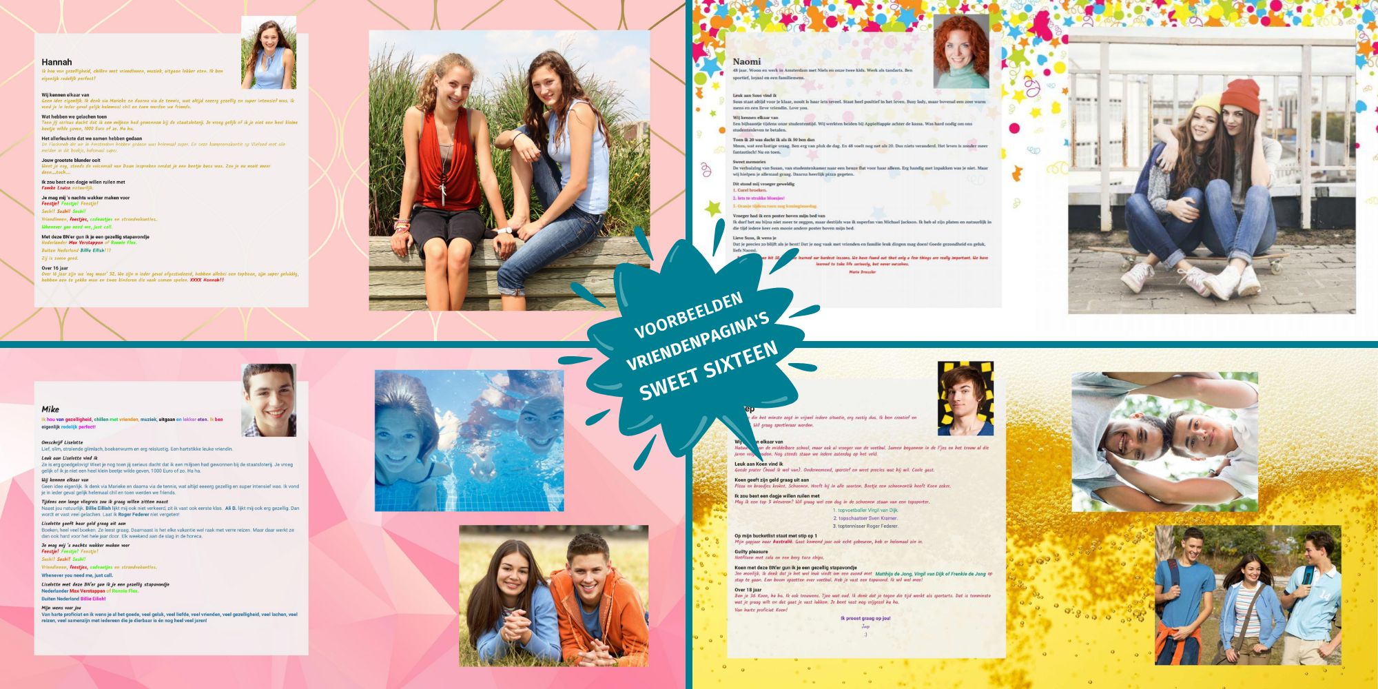 Voorbeelden van ingevulde vriendenpagina’s in een vriendenboek voor een Sweet Sixteen verjaardag