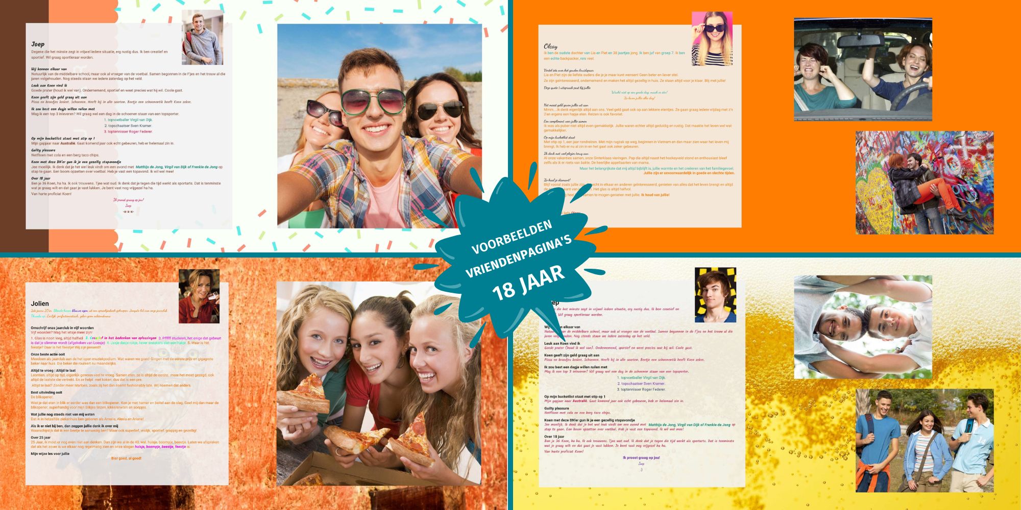 Voorbeelden van ingevulde vriendenpagina’s in een vriendenboek voor een 18e verjaardag met persoonlijke teksten en foto’s