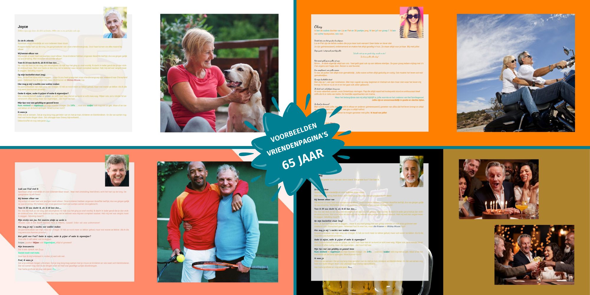 Voorbeelden van ingevulde vriendenpagina’s in een vriendenboek voor een 65e verjaardag met persoonlijke teksten en foto’s