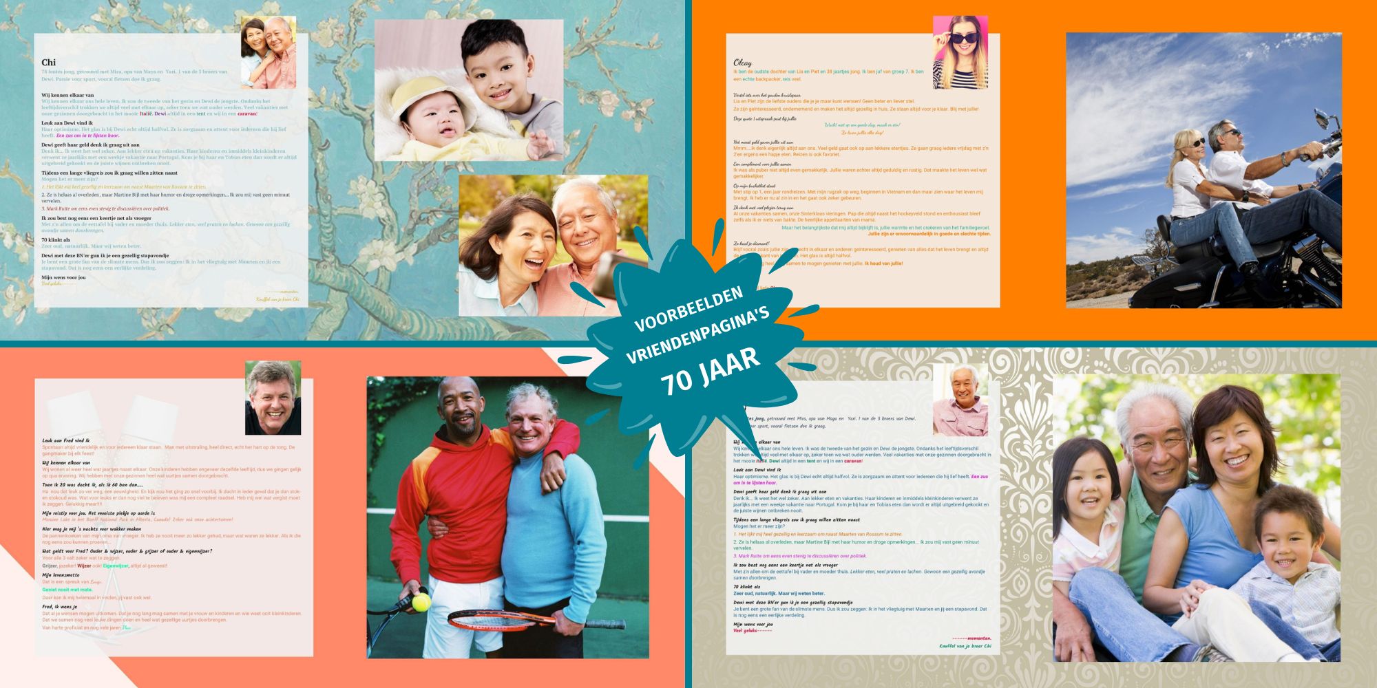 Voorbeelden van ingevulde vriendenpagina’s in een vriendenboek voor een 70e verjaardag met persoonlijke teksten en foto’s