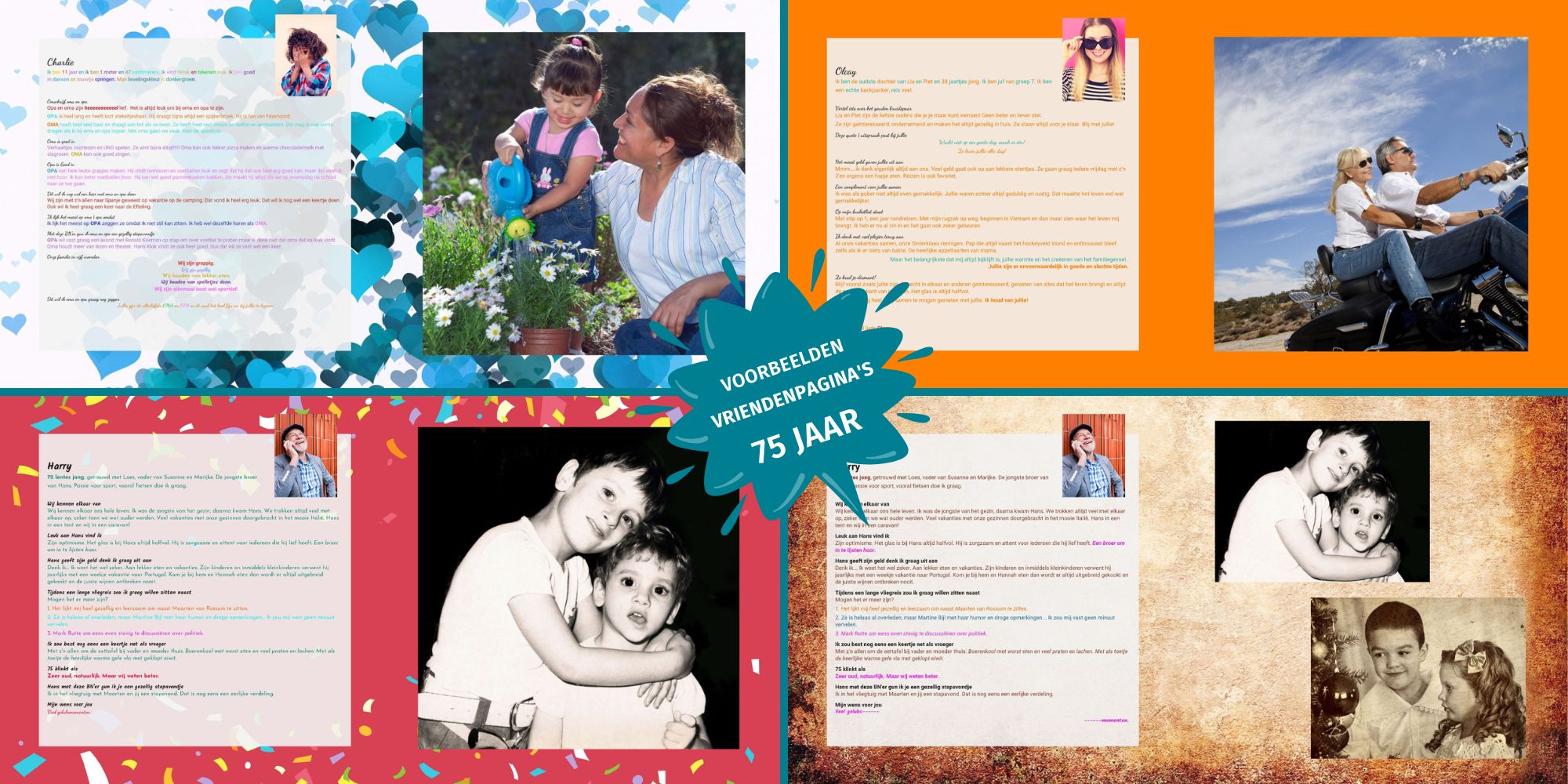 Voorbeelden van ingevulde vriendenpagina’s in een vriendenboek voor een 75e verjaardag met persoonlijke herinneringen en foto’s