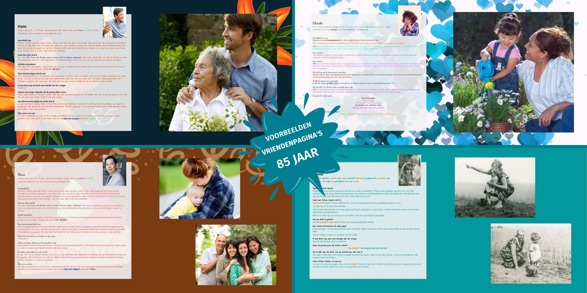 Voorbeelden van ingevulde vriendenpagina’s in een vriendenboek voor een 85e verjaardag