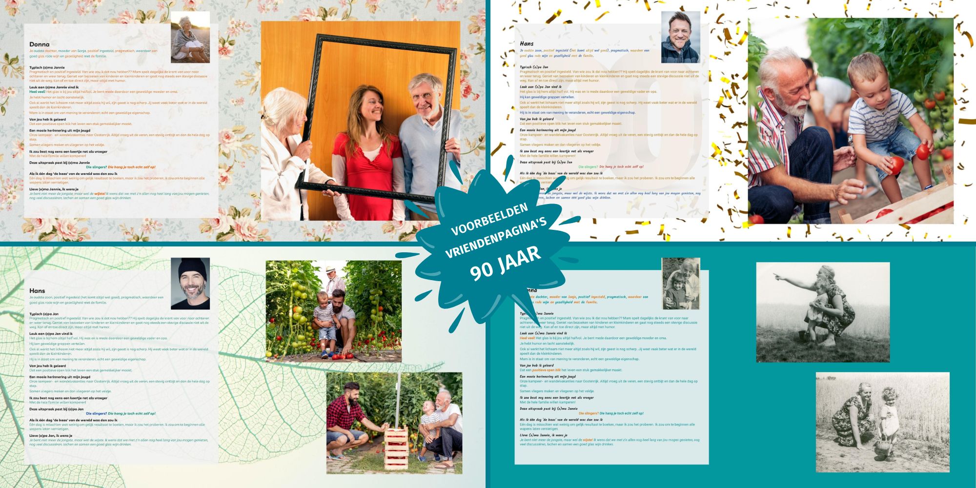 Voorbeelden van ingevulde vriendenpagina’s in een vriendenboek voor een 90e verjaardag
