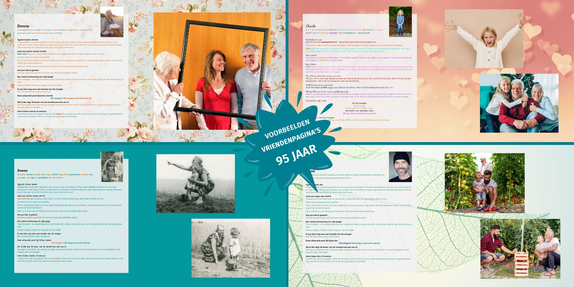Voorbeelden van ingevulde vriendenpagina’s in een vriendenboek voor een 95e verjaardag