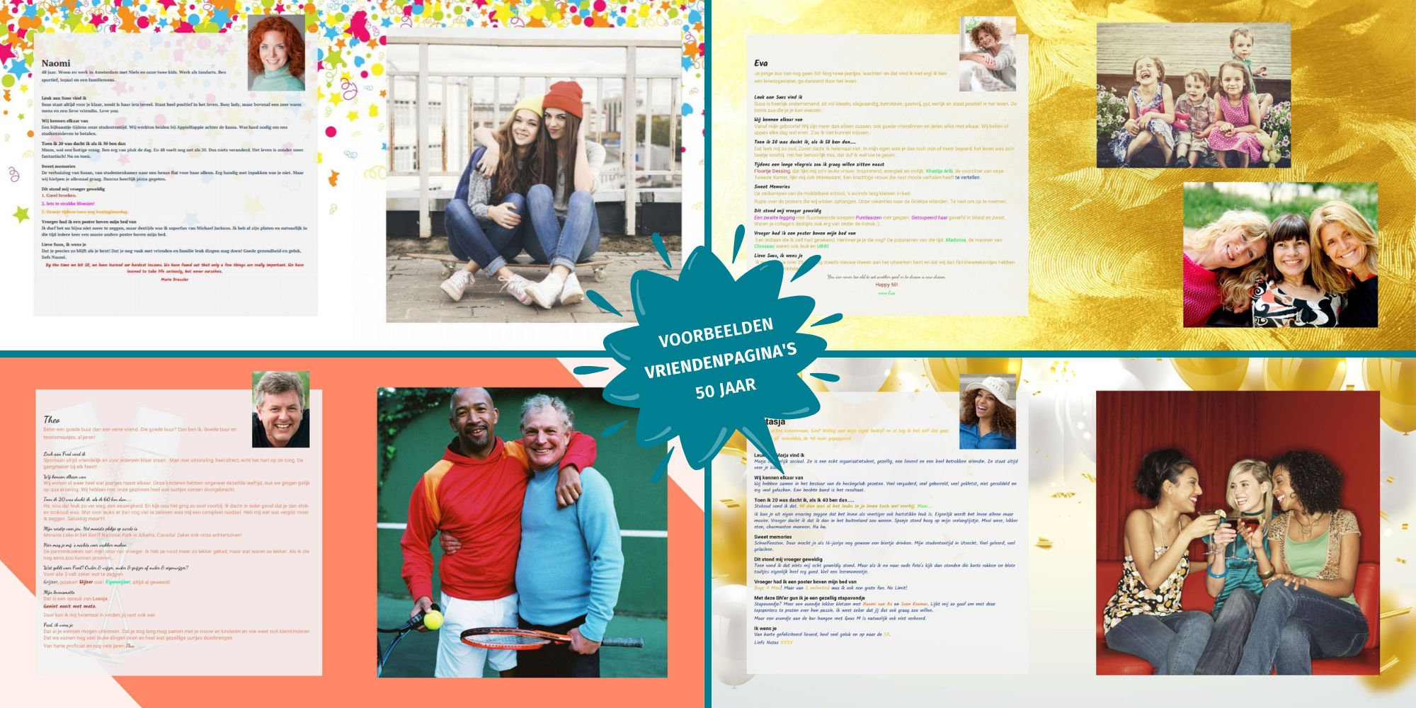Voorbeelden van ingevulde vriendenpagina’s in een vriendenboek voor een 50e verjaardag met foto’s, herinneringen en persoonlijke teksten