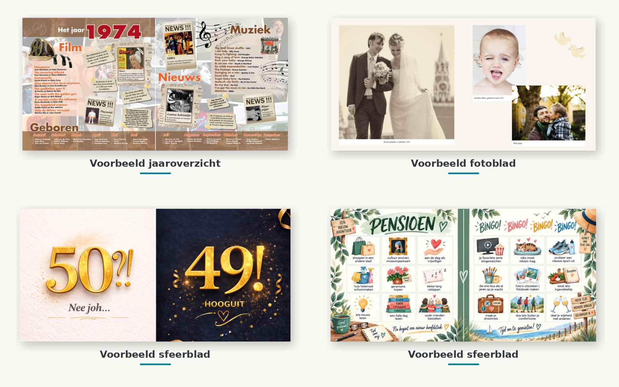 Voorbeelden van fotobladen, jaaroverzichten en sfeerbladen in een vriendenboek