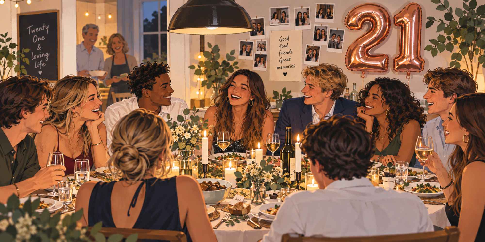 21-diner voor een 21e verjaardag met vrienden aan een feestelijk gedekte tafel