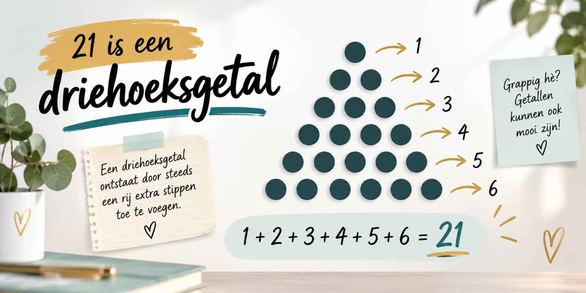 21 is een driehoeksgetal opgebouwd uit 21 stippen