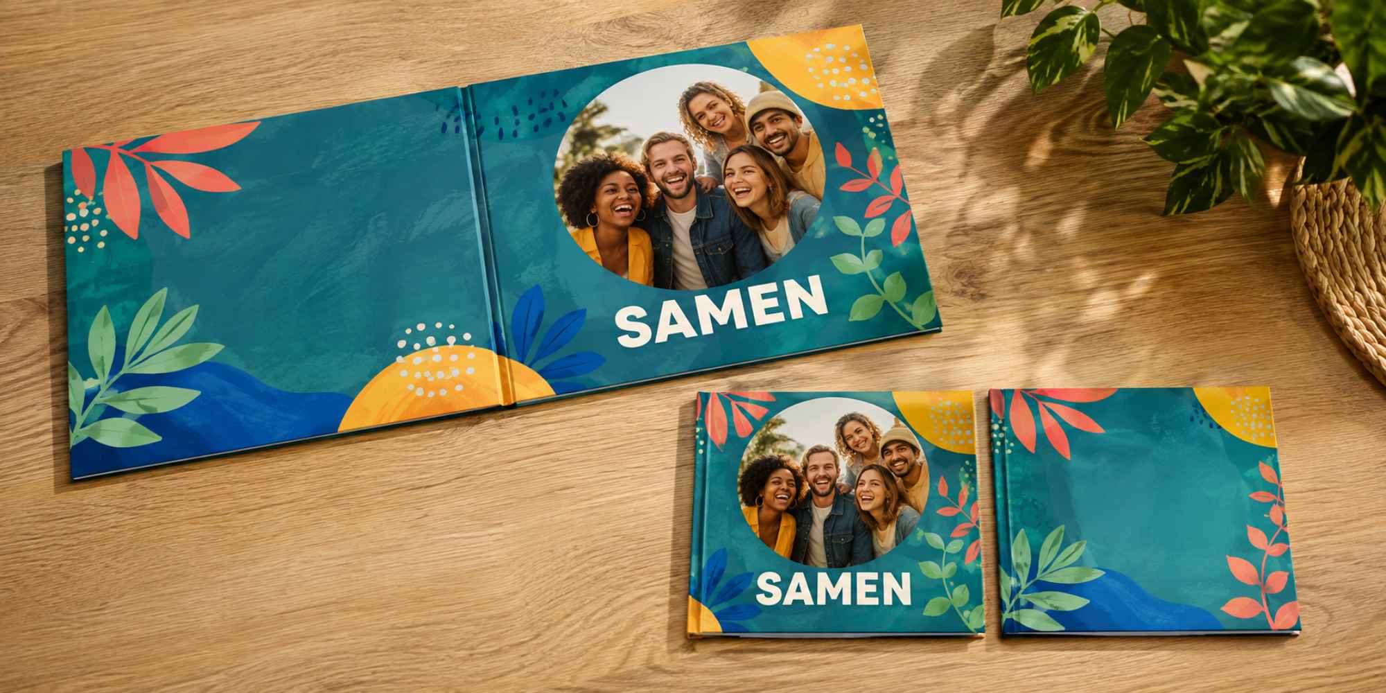 Complete vriendenboekomslag van twee vierkanten naast elkaar, gemaakt met AI