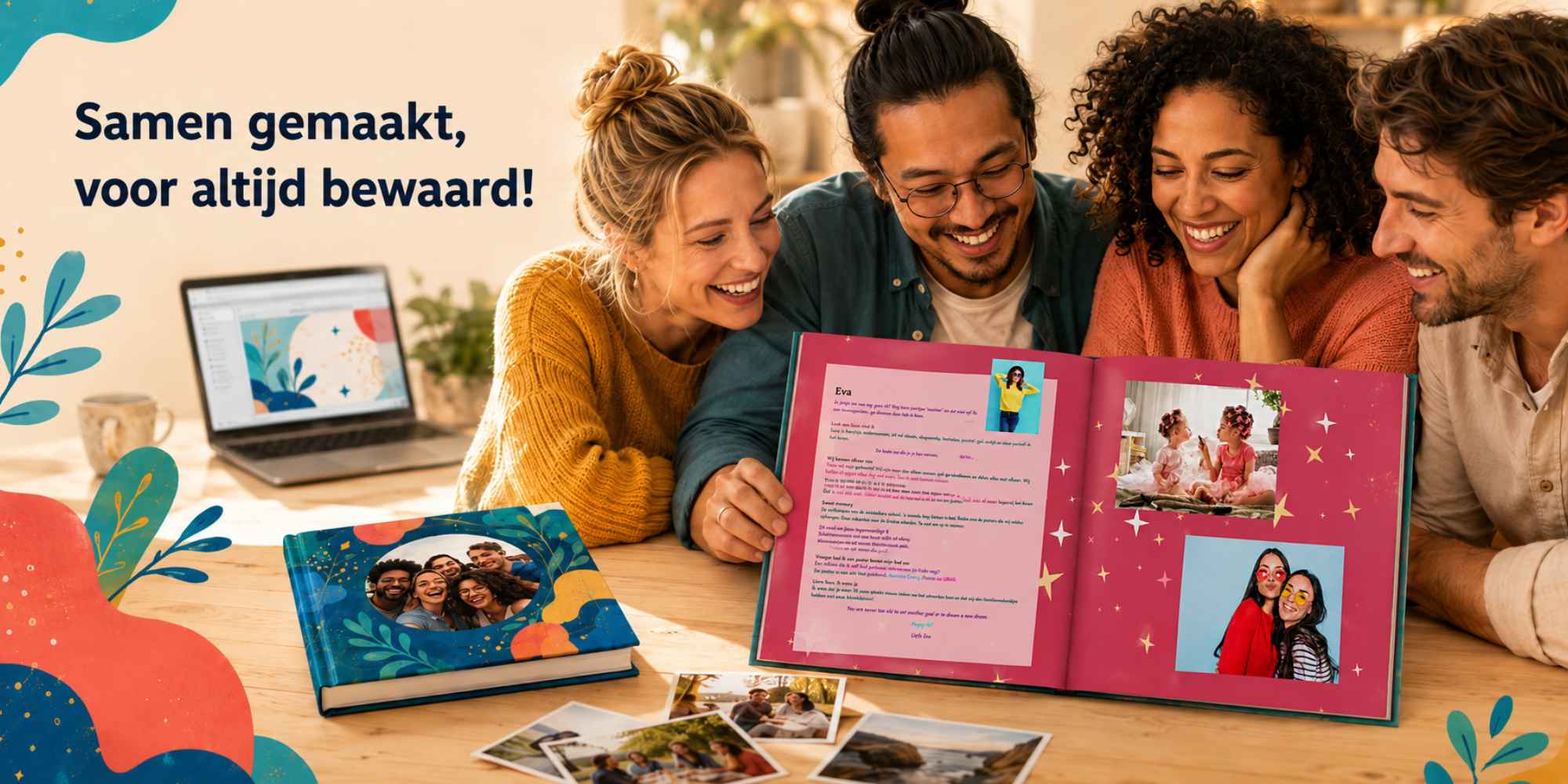Vrienden bekijken samen hun persoonlijke vriendenboek met een zelfgemaakt ontwerp