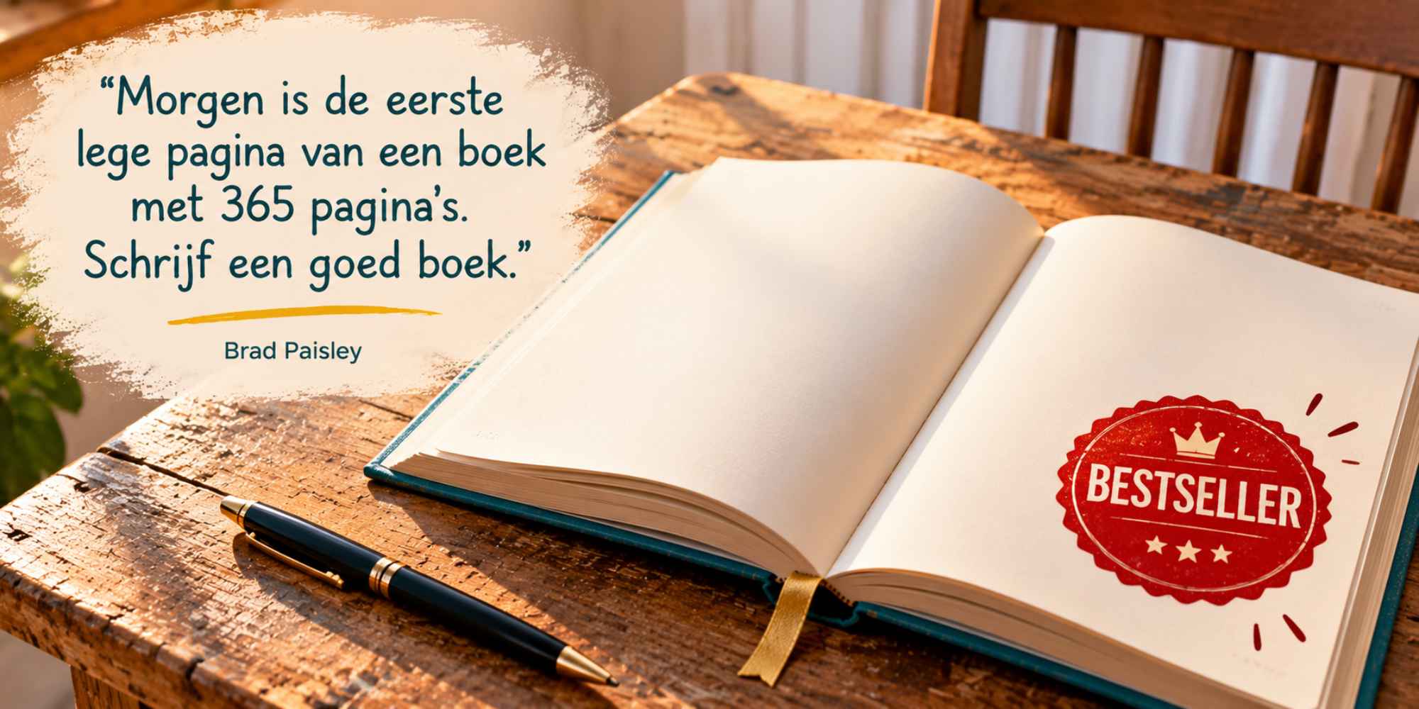 Nieuwjaarsquote van Brad Paisley over een leeg boek met 365 pagina's en een bestseller