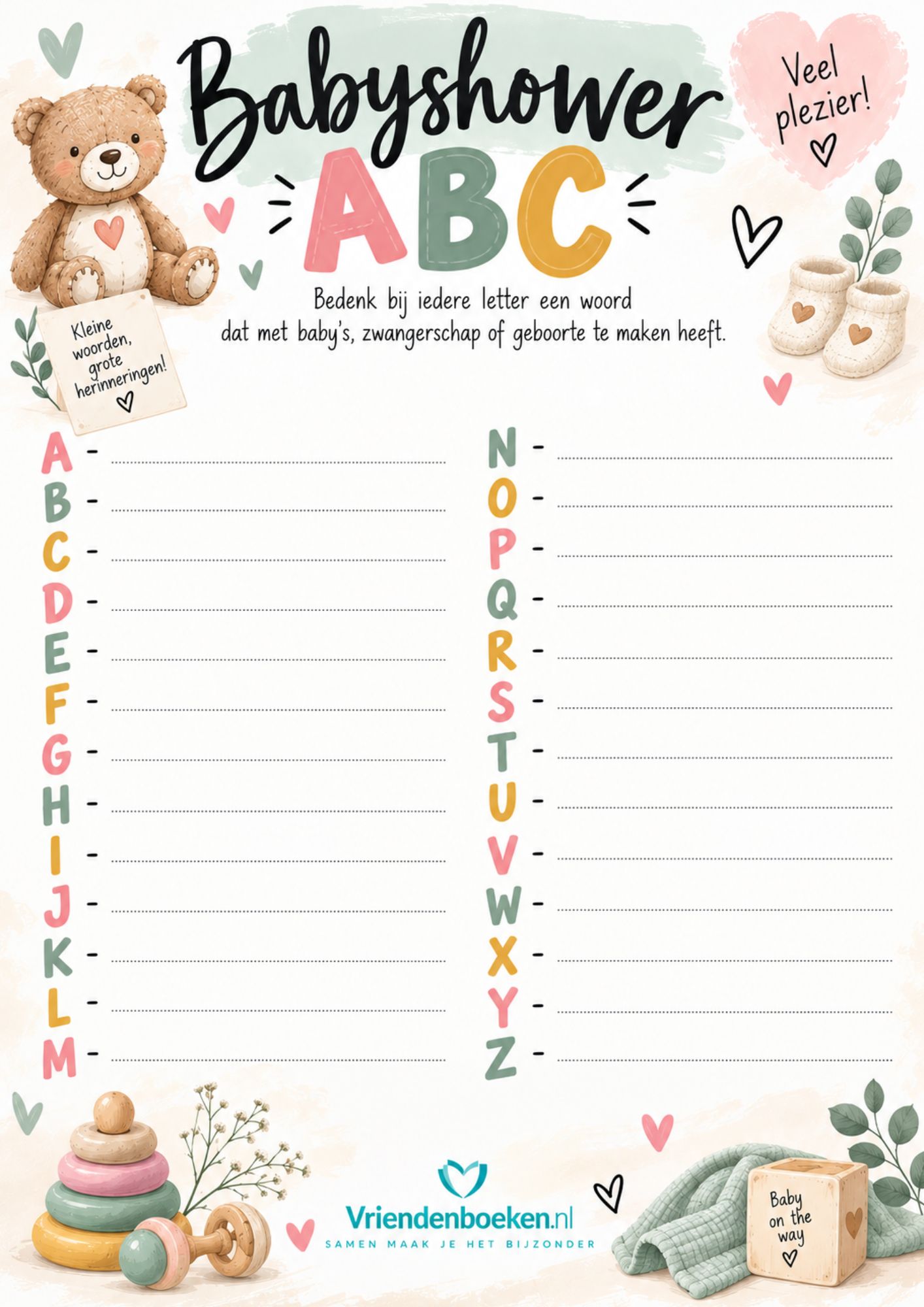 Gratis Babyshower ABC spel met invulformulier om te printen
