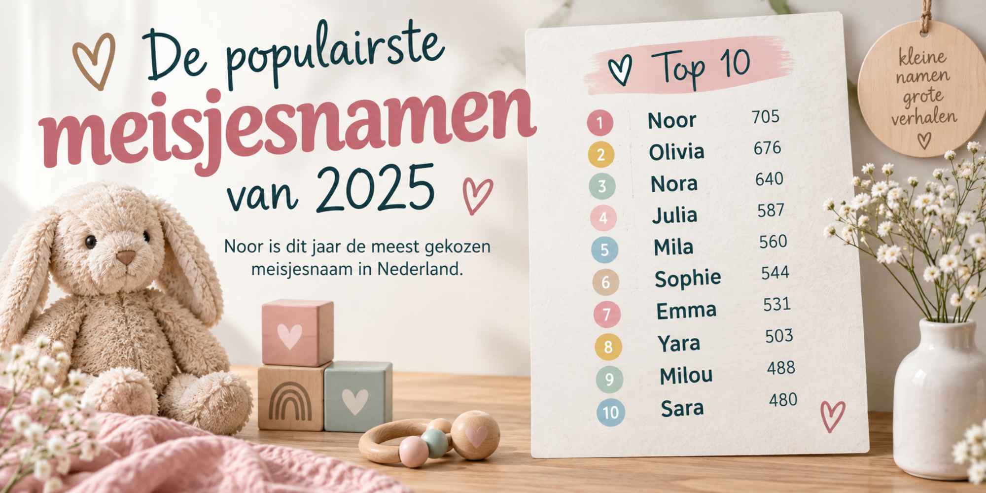 Populairste meisjesnamen 2025 met Noor, Olivia en Nora