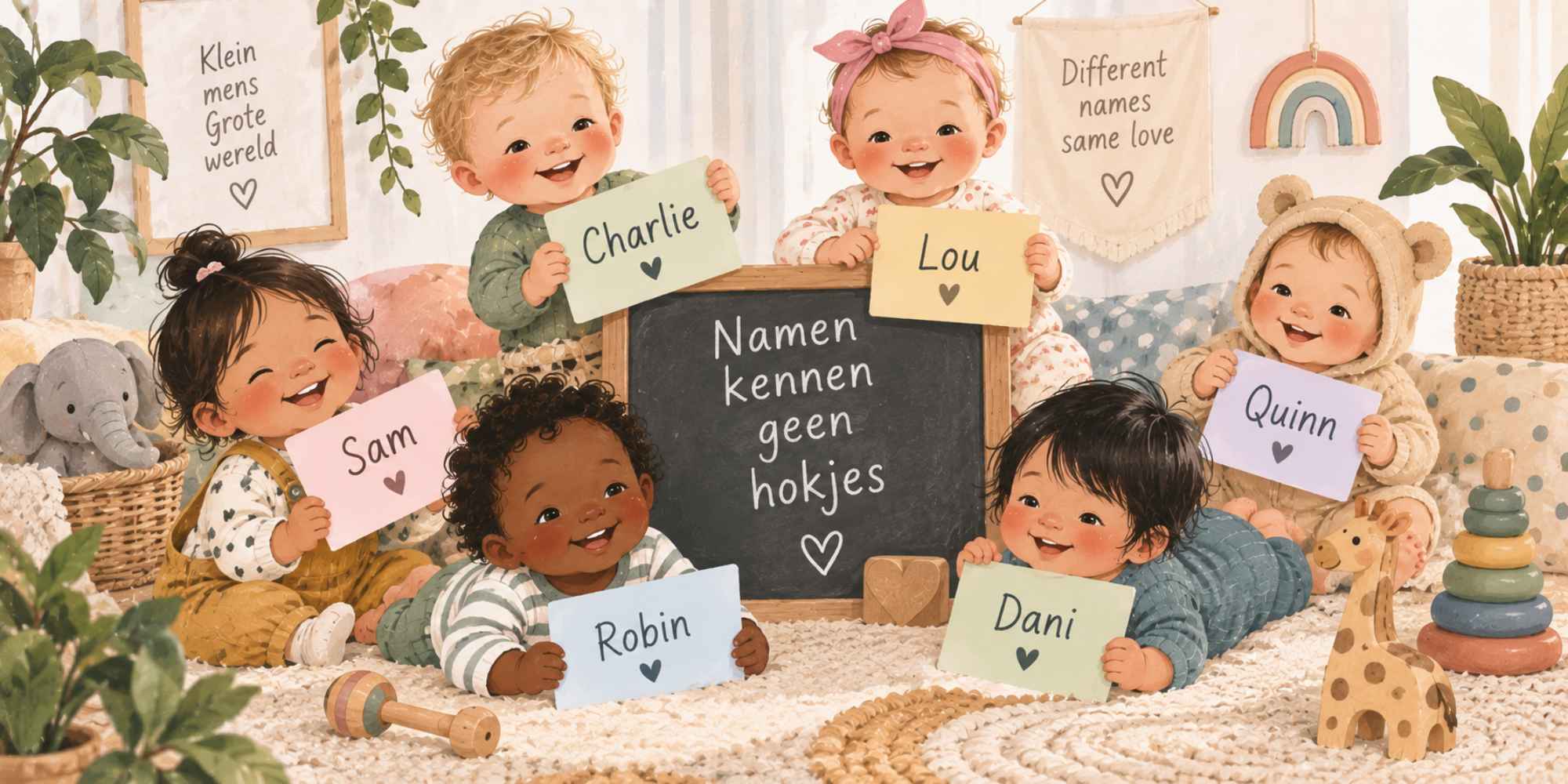 Genderneutrale babynamen zoals Sam Charlie Robin Lou en Quinn