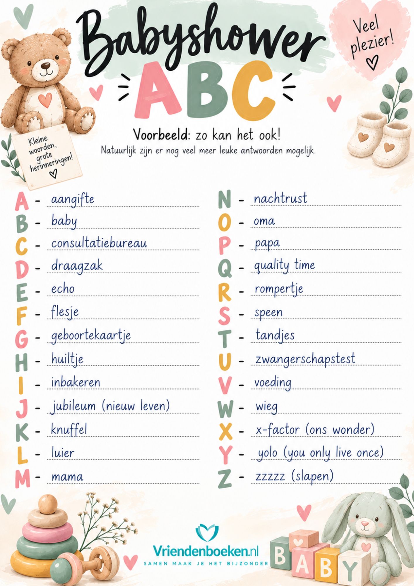 Ingevuld voorbeeld van het Babyshower ABC spel