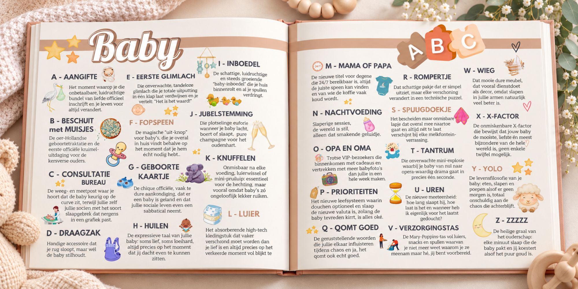 Baby ABC sfeerblad in een babyshower vriendenboek