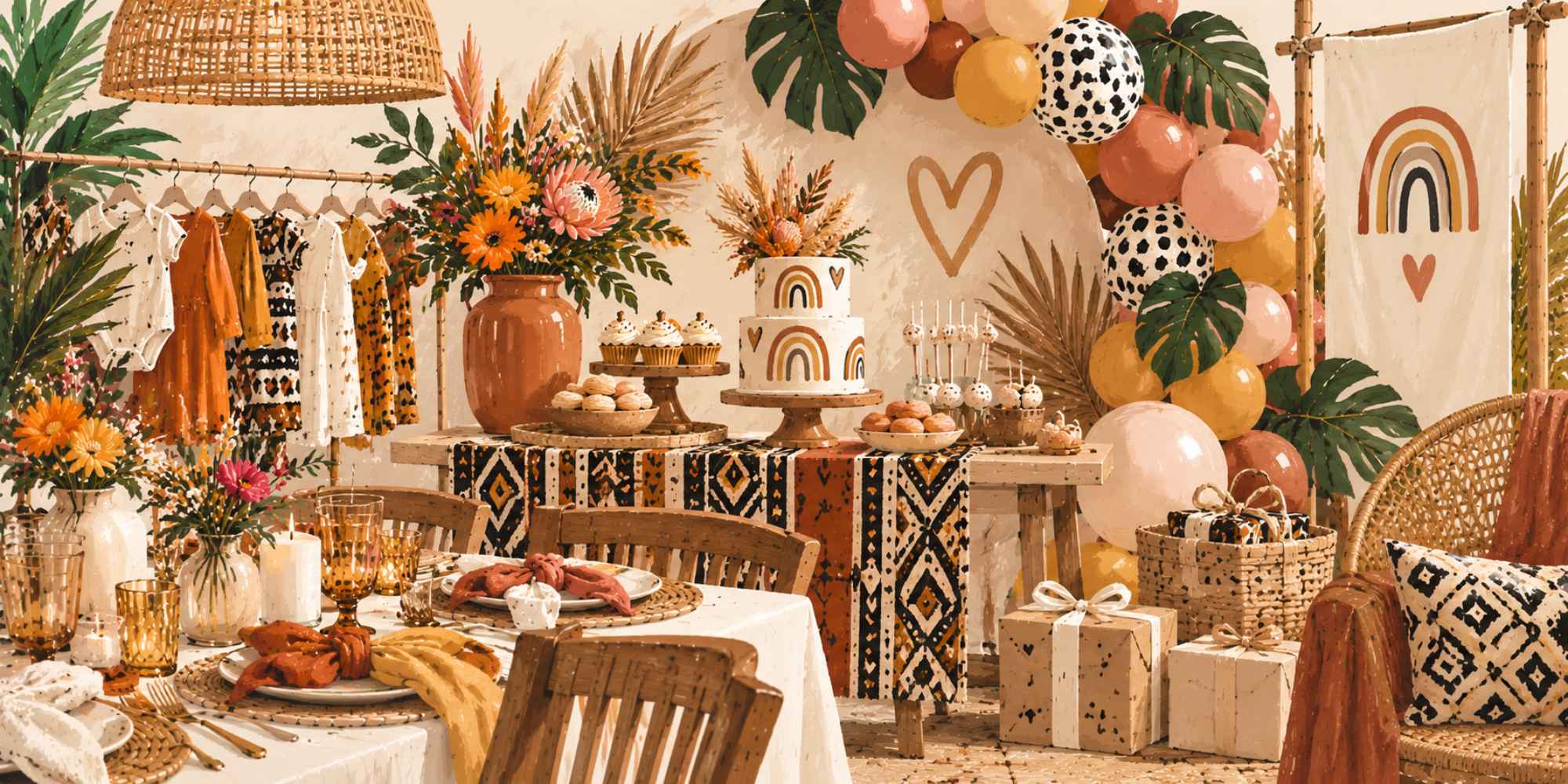 Kleurrijke babyshower decoratie met prints en een feestelijk thema