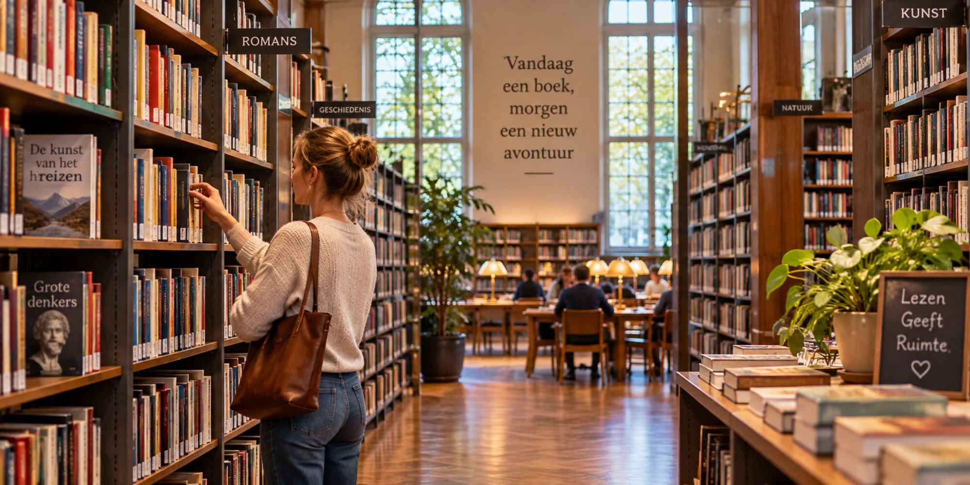 boeken zoeken tussen de boekenkasten in een bibliotheek