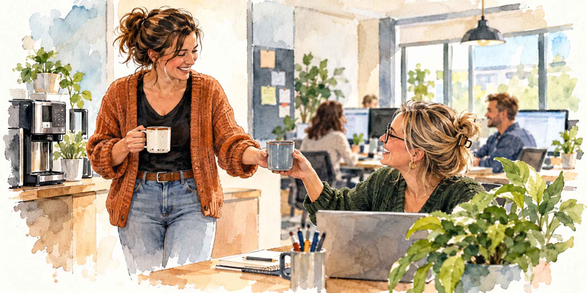 Collega haalt koffie voor een andere collega op kantoor