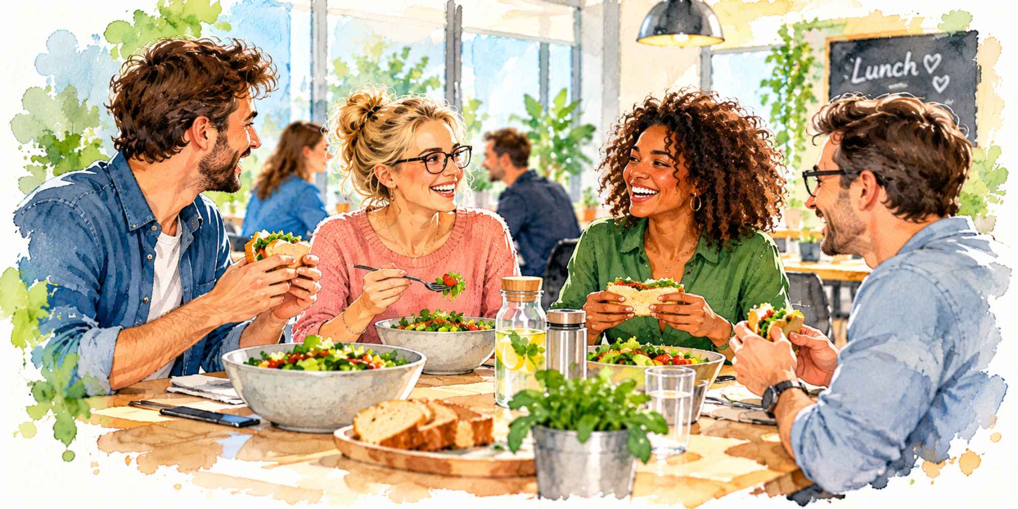 Collega's genieten samen van een gezellige lunch op het werk