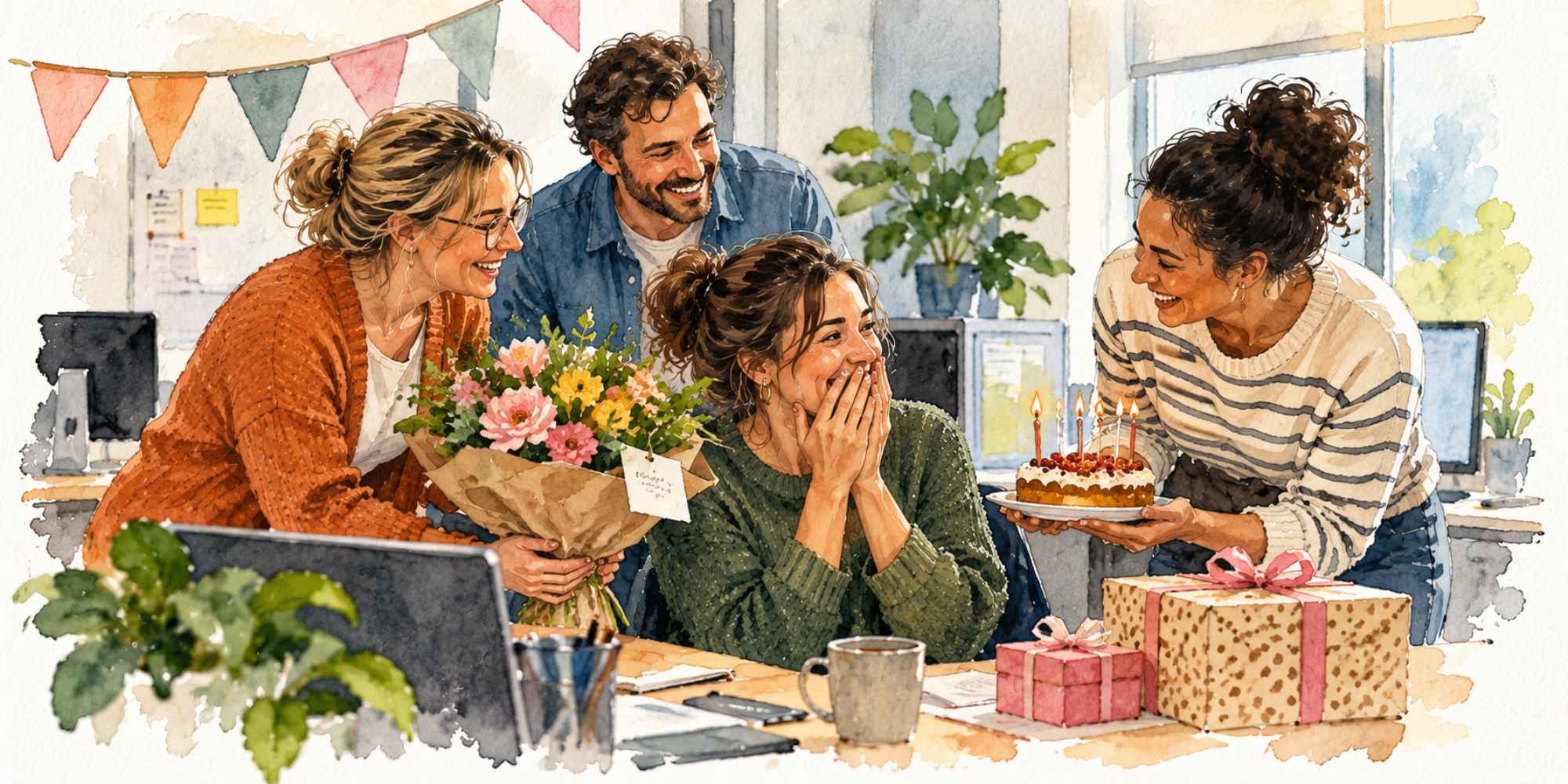 Collega's verrassen een collega met een attent gebaar