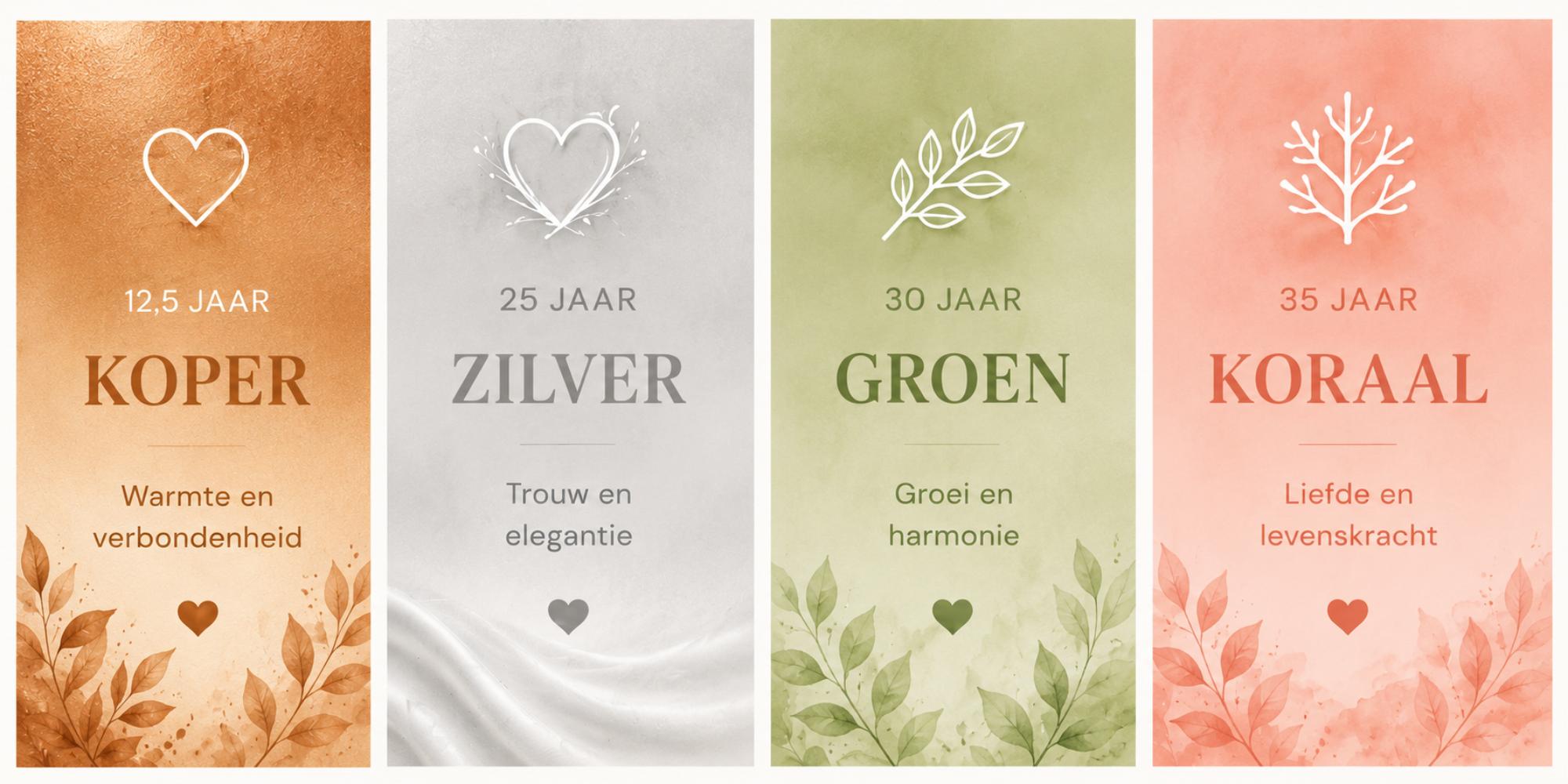 huwelijksjubileum kleuren koper zilver groen koraal