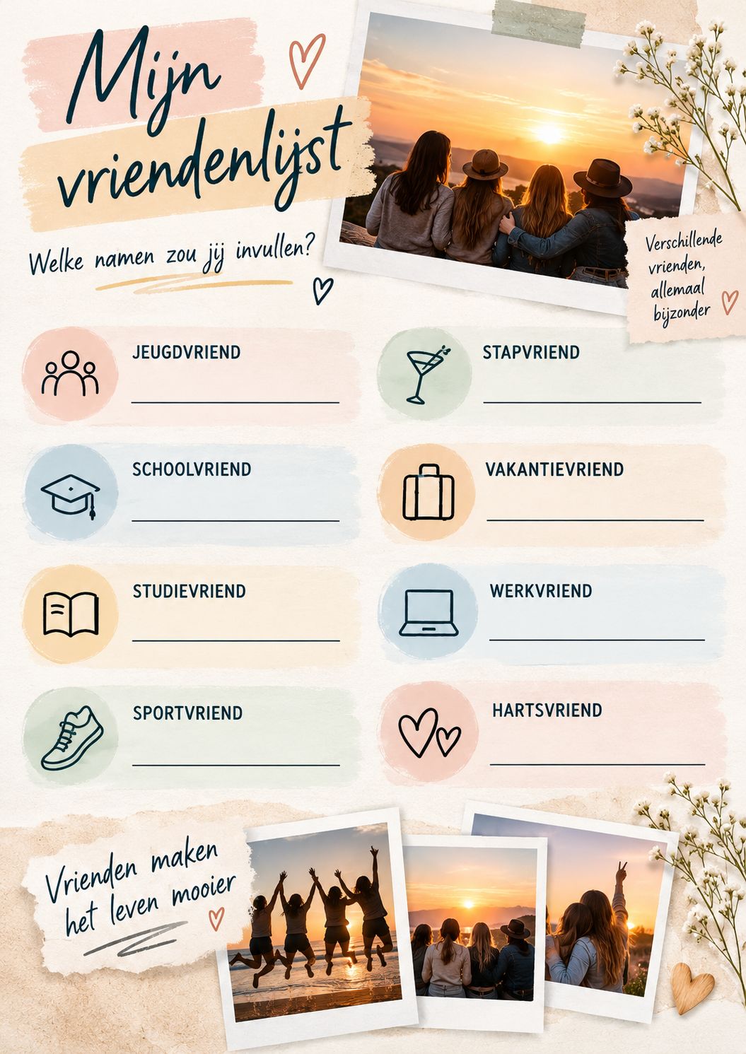 mijn vriendenlijst met verschillende soorten vrienden om zelf in te vullen