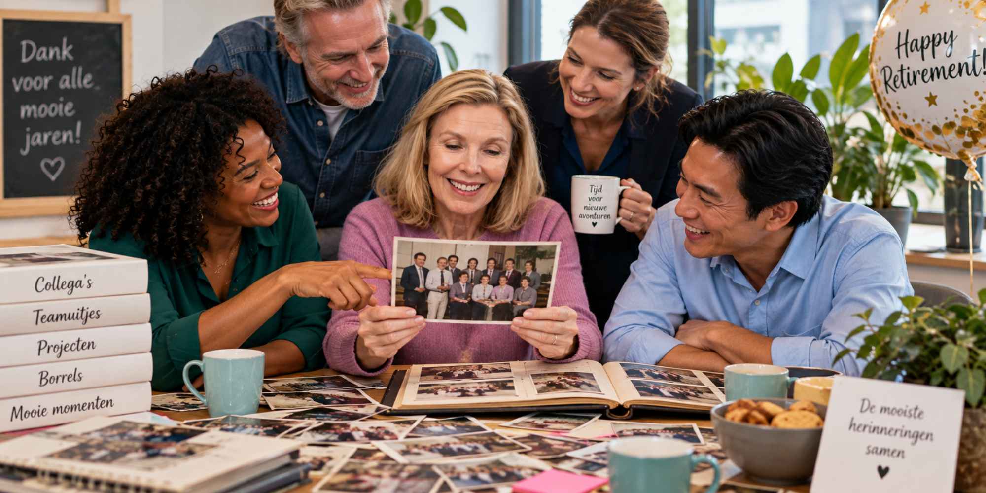 Collega's verzamelen foto's en herinneringen voor een pensioenafscheid
