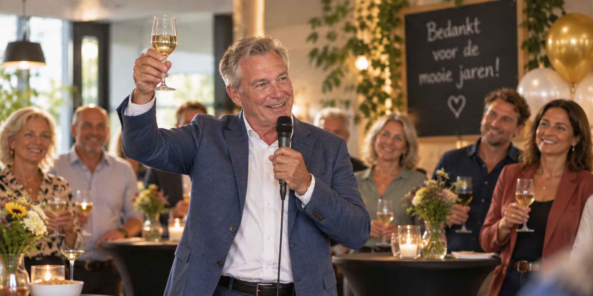 Gepensioneerde heft het glas tijdens zijn of haar afscheidsspeech