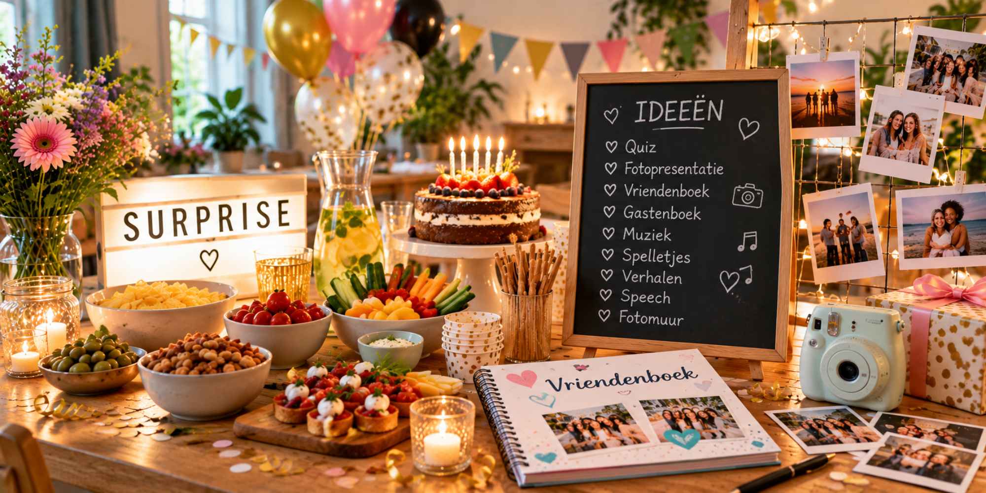 ideeën voor een surprise party met muziek hapjes foto's en een vriendenboek